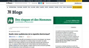 "Quelle vision québécoise de la cigarette électronique?" sur le blog de William Dab, médecin et épidémiologiste