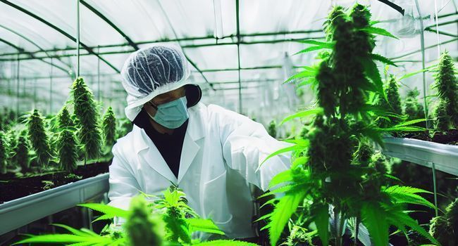 Masked man in a greenhouse where cannabis grows