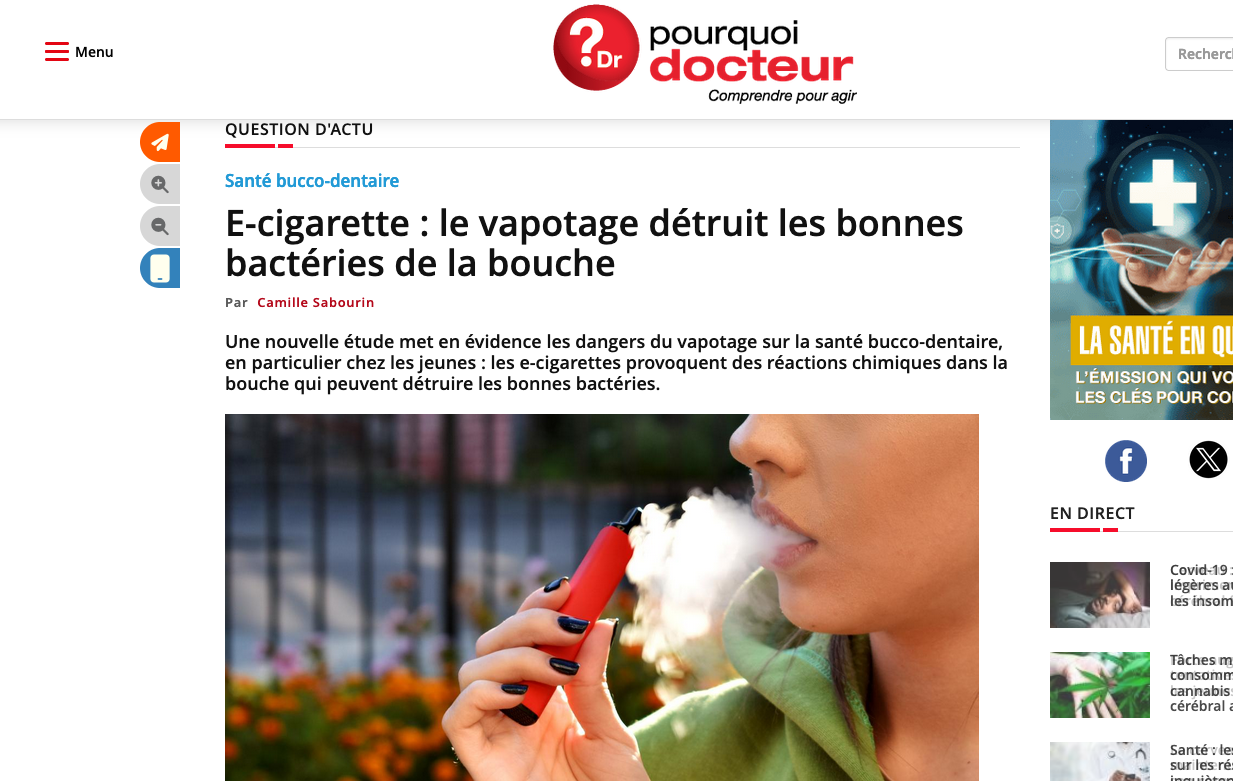 E-cigarette : le vapotage détruit les bonnes bactéries de la bouche 