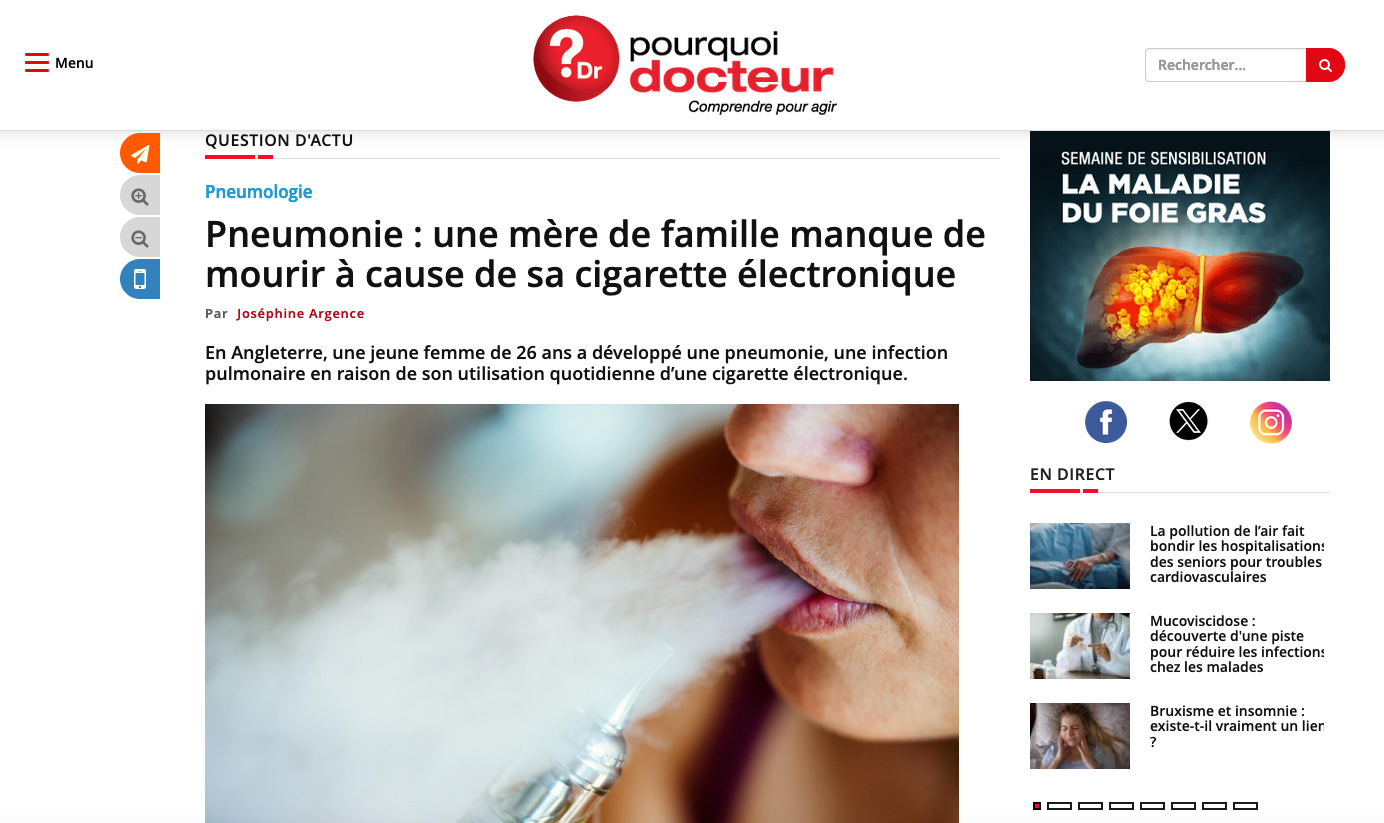 Pneumonie : une mère de famille manque de mourir à cause de sa cigarette électronique