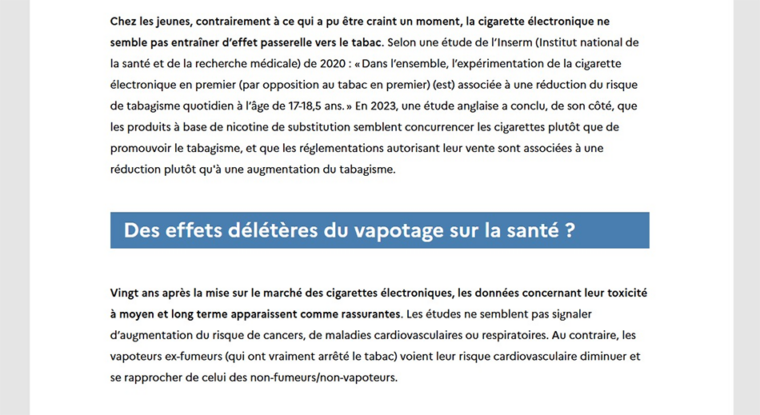 Capture d'écran de la page Vapoter est-il dangereux du site Santé.fr