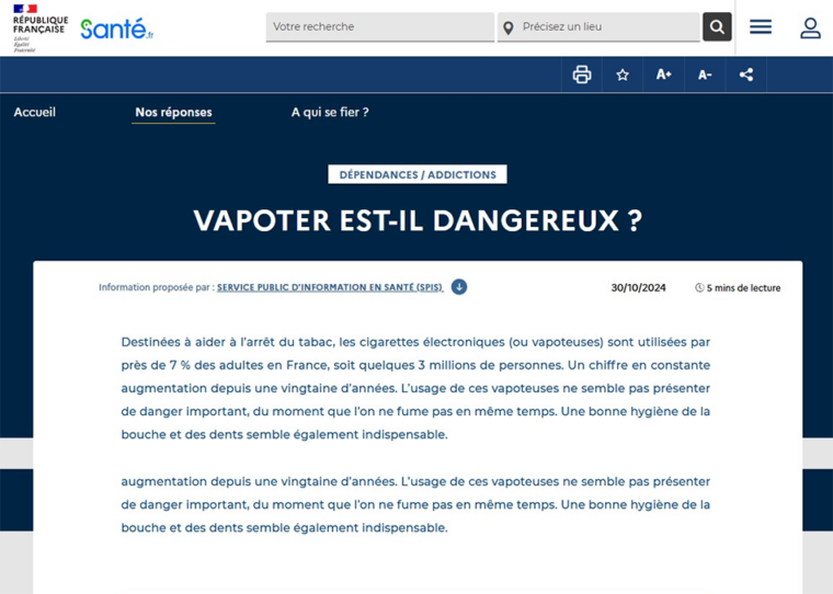 Capture d'écran de la page Vapoter est-il dangereux du site Santé.fr