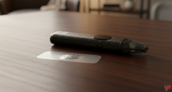 Une cigarette électronique posée à côté d'un patche de nicotine