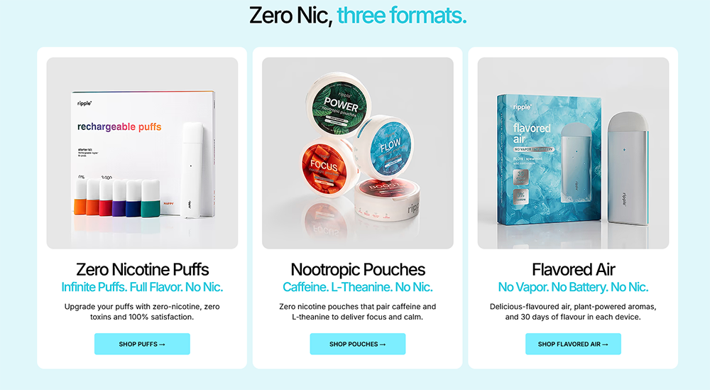 Les trois gammes de produits sans nicotine de Ripple+ sur son site britannique